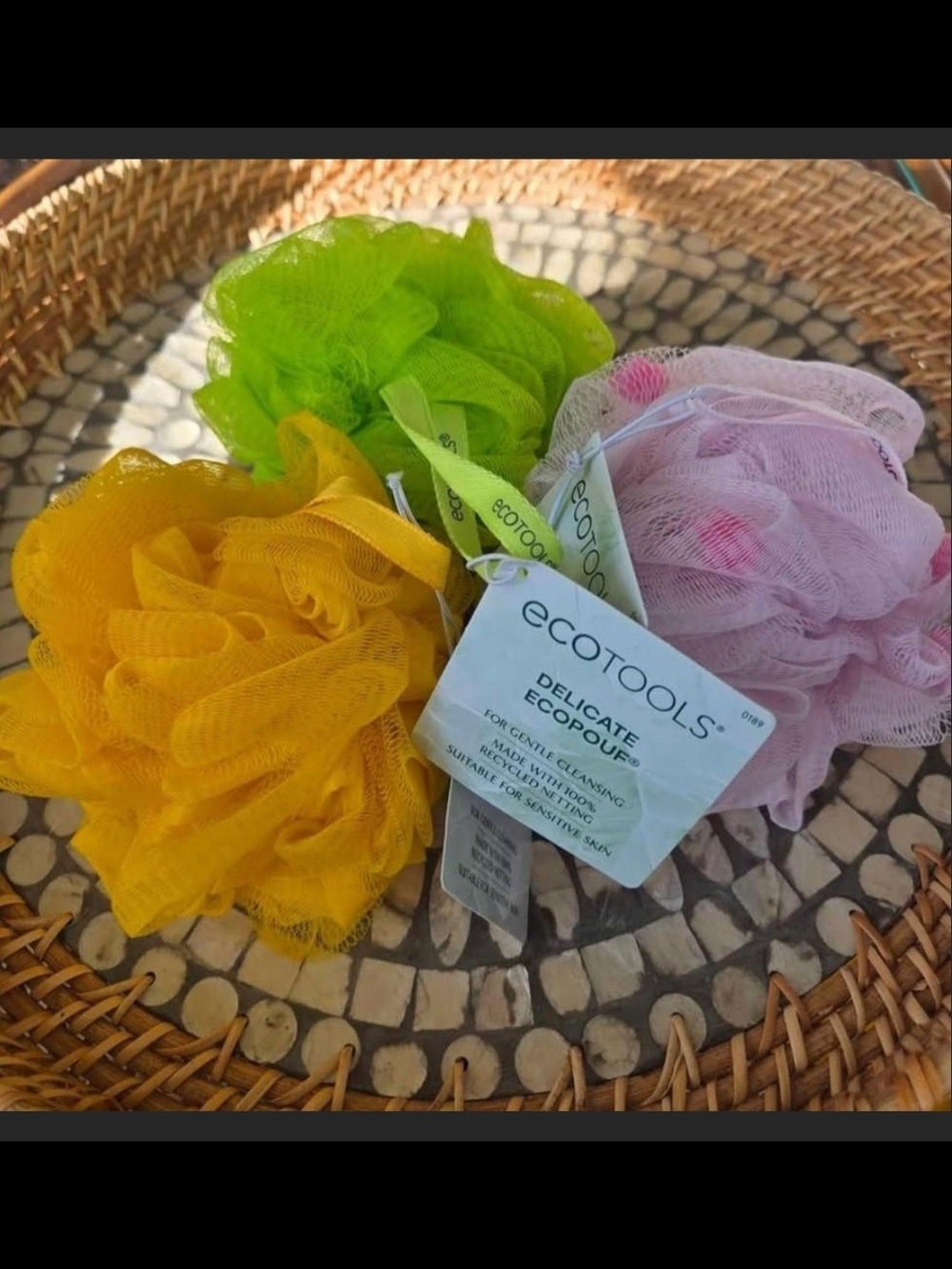 ecotools Bath Pouf Trio in Yellow, Green, Pink